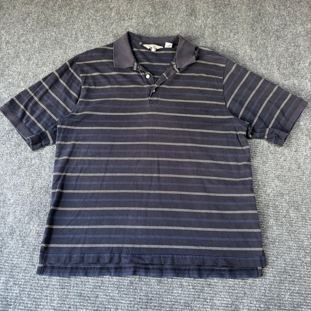 AKA Eddie Bauer Mens Large Polo Shirt Navy Blue Striped 100% Cotton Vintage L